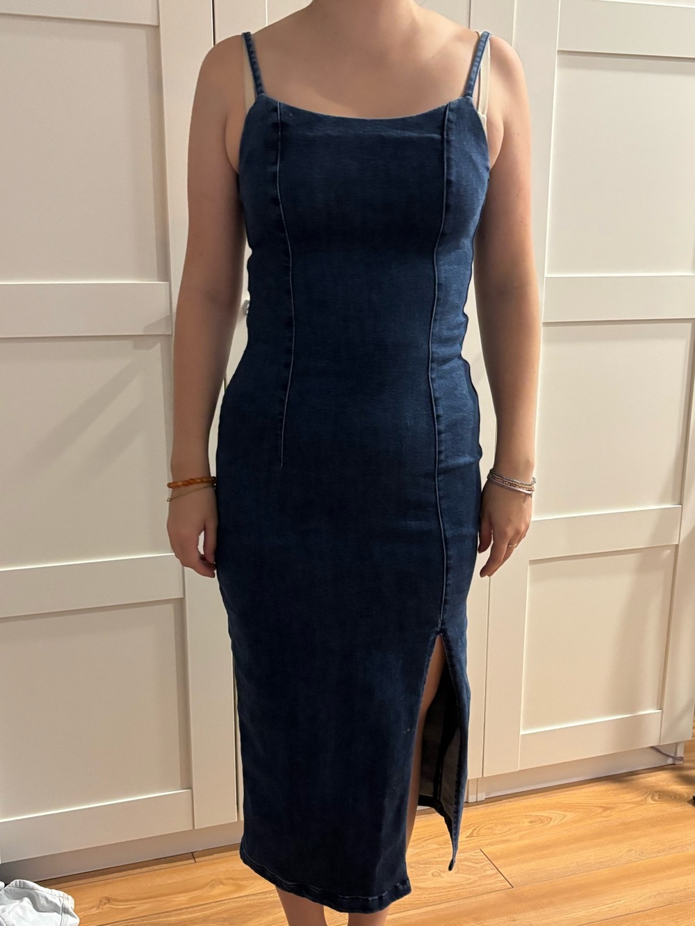 Dynamite Dark Navy Denim Midi Dress with Side Slit